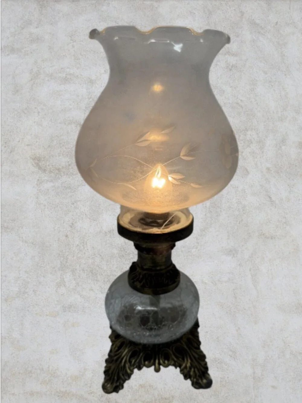 HURRICANE LAMP -- Etched Glass Shade, Crackle Glass Base, Electric, Vintage